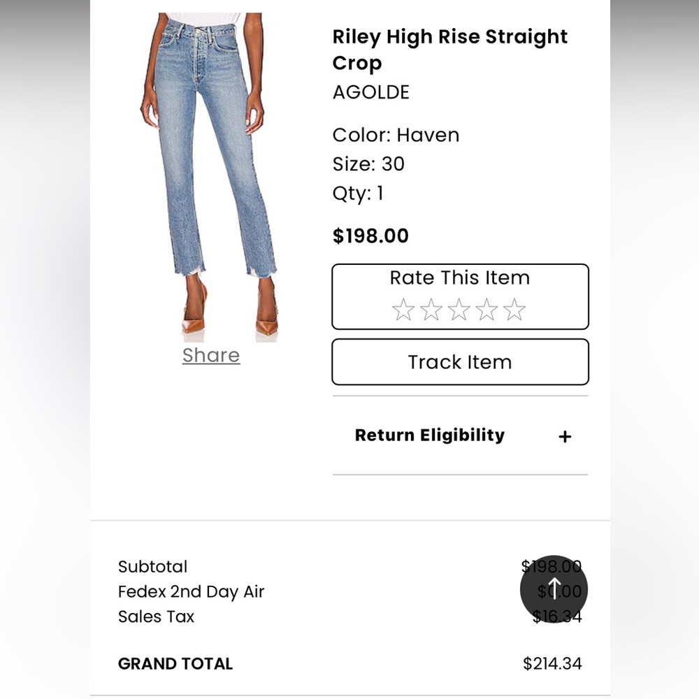 Agolde Riley high rise crop denim jeans 30